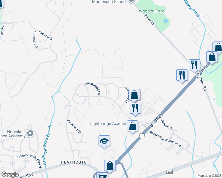 map of restaurants, bars, coffee shops, grocery stores, and more near 34 Foxtail Lane in South Brunswick Township