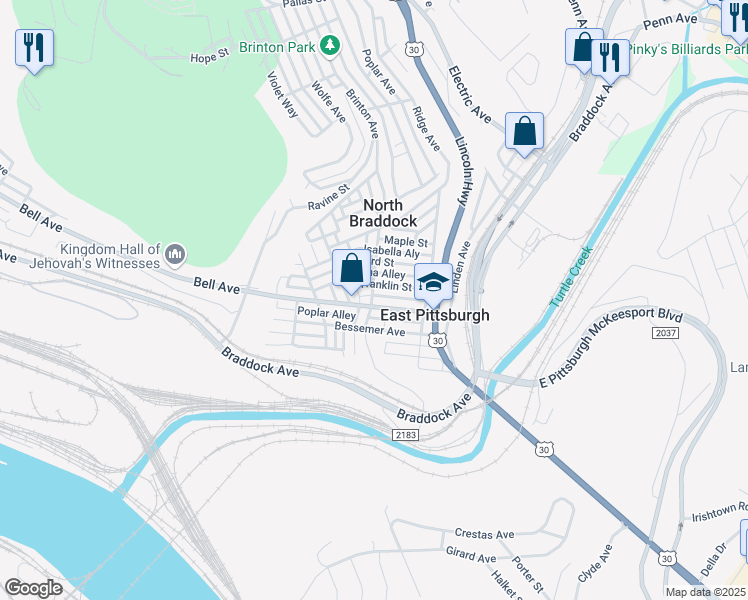 map of restaurants, bars, coffee shops, grocery stores, and more near 408 Franklin Street in East Pittsburgh