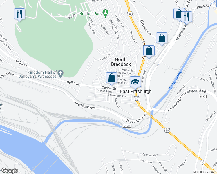 map of restaurants, bars, coffee shops, grocery stores, and more near 408 Franklin Street in East Pittsburgh