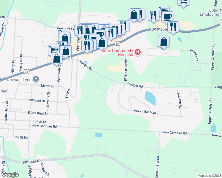 map of restaurants, bars, coffee shops, grocery stores, and more near 16500 Yauger Road in Mount Vernon