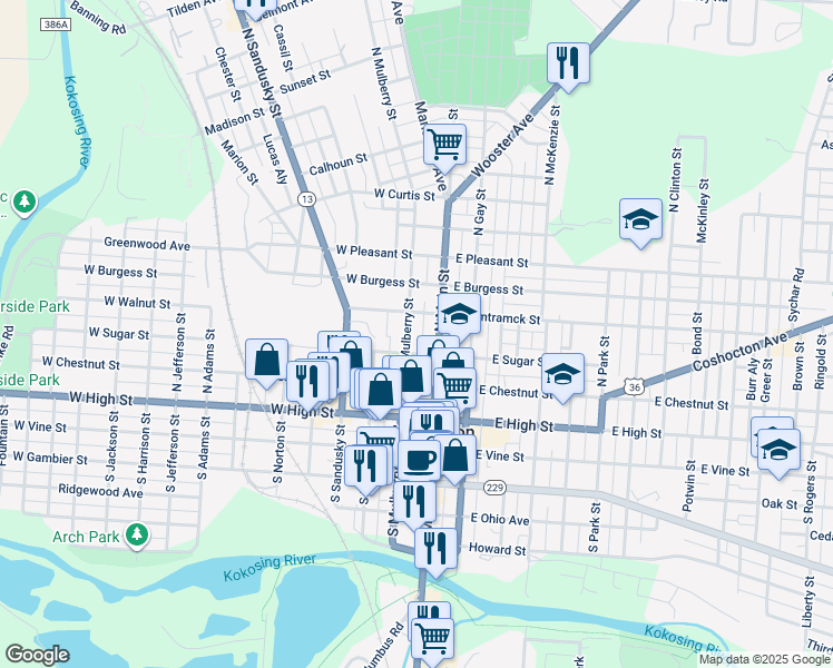 map of restaurants, bars, coffee shops, grocery stores, and more near 201 North Mulberry Street in Mount Vernon