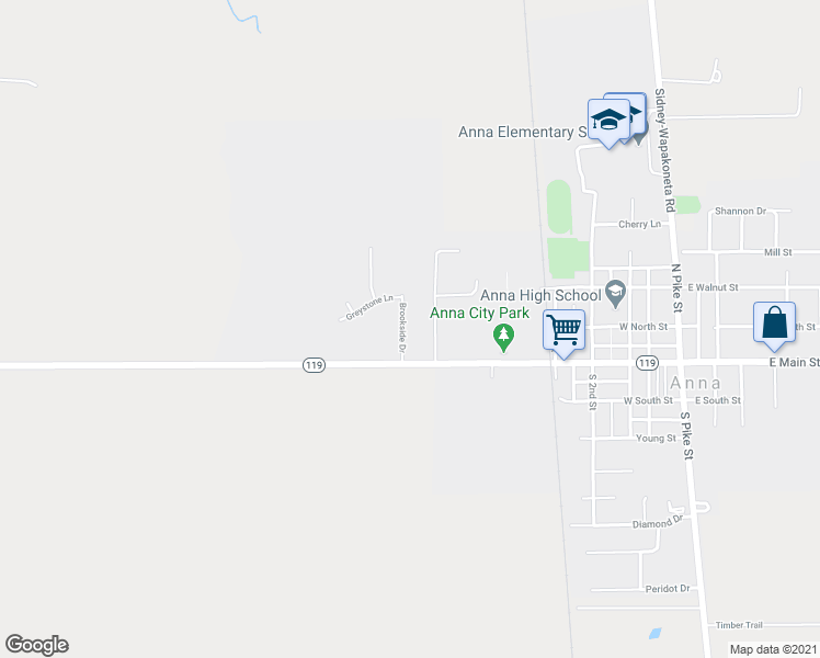 map of restaurants, bars, coffee shops, grocery stores, and more near 107a Brookside Drive in Anna