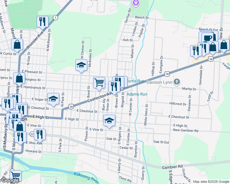map of restaurants, bars, coffee shops, grocery stores, and more near 501 Coshocton Avenue in Mount Vernon