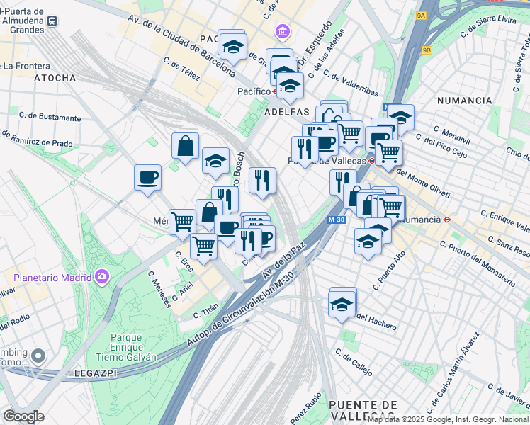 map of restaurants, bars, coffee shops, grocery stores, and more near 4 Calle del Ombú in Madrid