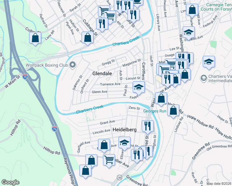 map of restaurants, bars, coffee shops, grocery stores, and more near 334 Glenn Avenue in Carnegie