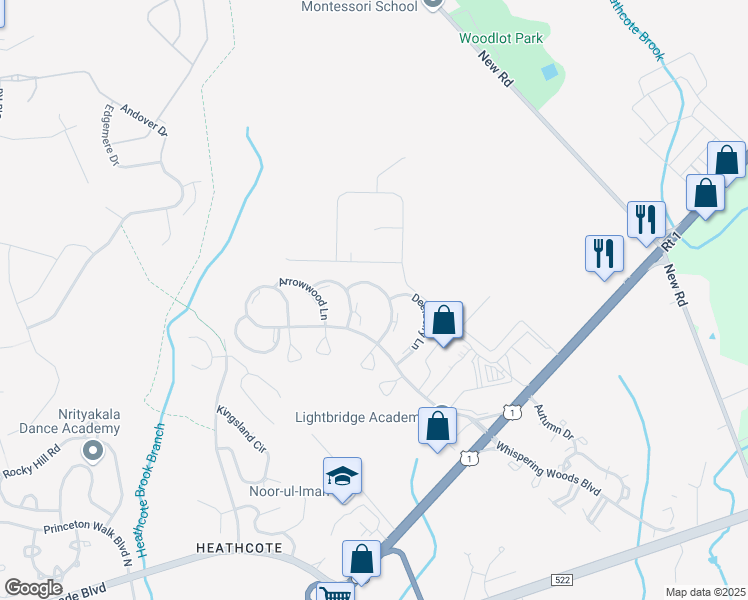 map of restaurants, bars, coffee shops, grocery stores, and more near 34 Foxtail Lane in South Brunswick Township