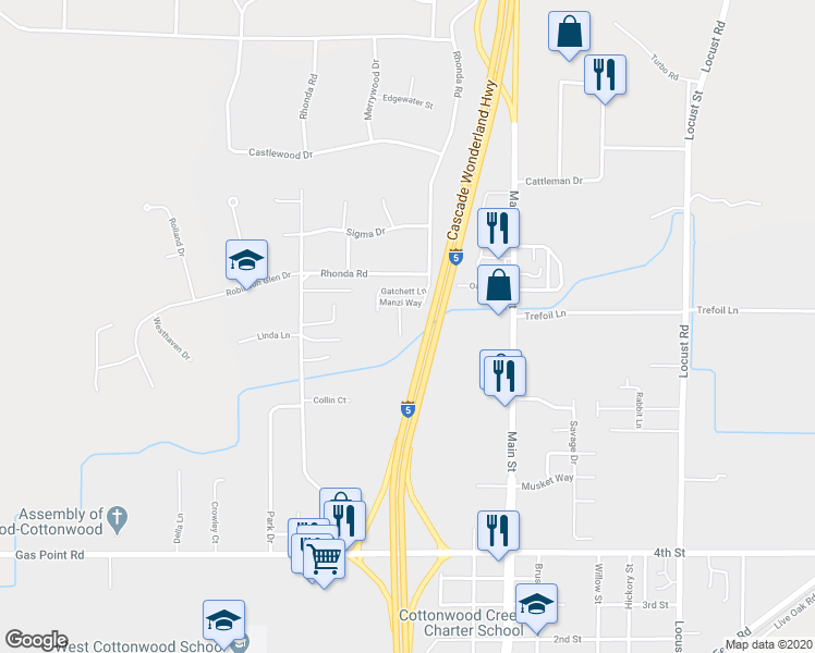 map of restaurants, bars, coffee shops, grocery stores, and more near 3725 Silvario Court in Cottonwood
