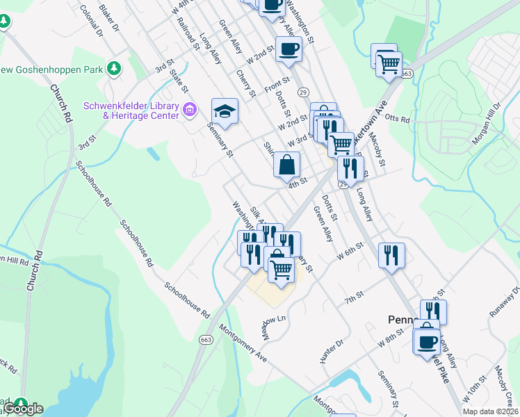 map of restaurants, bars, coffee shops, grocery stores, and more near 412 Seminary Street in Pennsburg