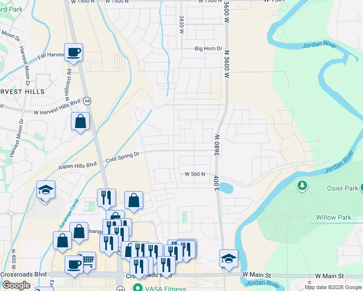 map of restaurants, bars, coffee shops, grocery stores, and more near 3875 West Cold Pond Avenue in Lehi
