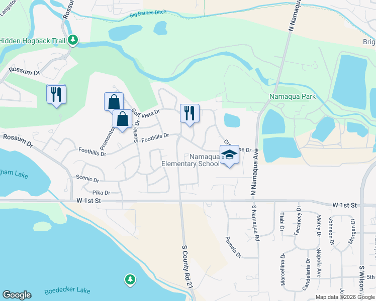 map of restaurants, bars, coffee shops, grocery stores, and more near 3908 Foothills Drive in Loveland