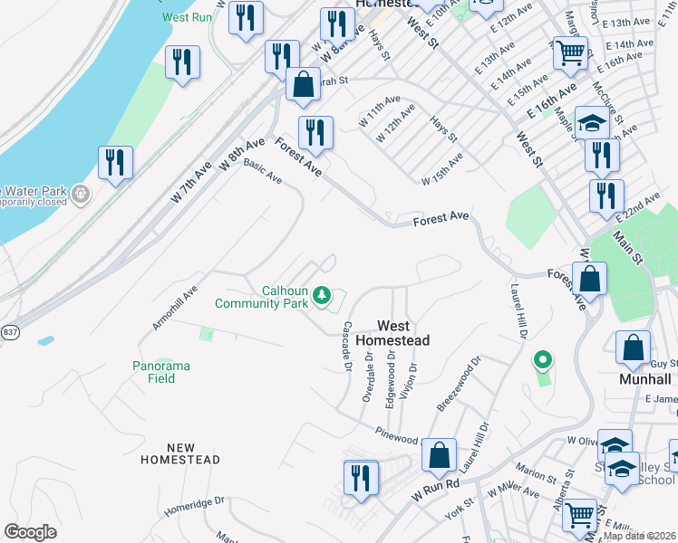 map of restaurants, bars, coffee shops, grocery stores, and more near 4337 Benezet Avenue in Homestead