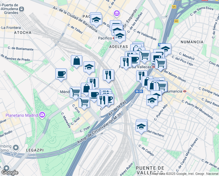 map of restaurants, bars, coffee shops, grocery stores, and more near 4 Calle del Ombú in Madrid