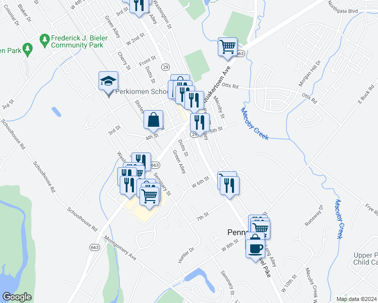 map of restaurants, bars, coffee shops, grocery stores, and more near 524 Dotts Street in Pennsburg