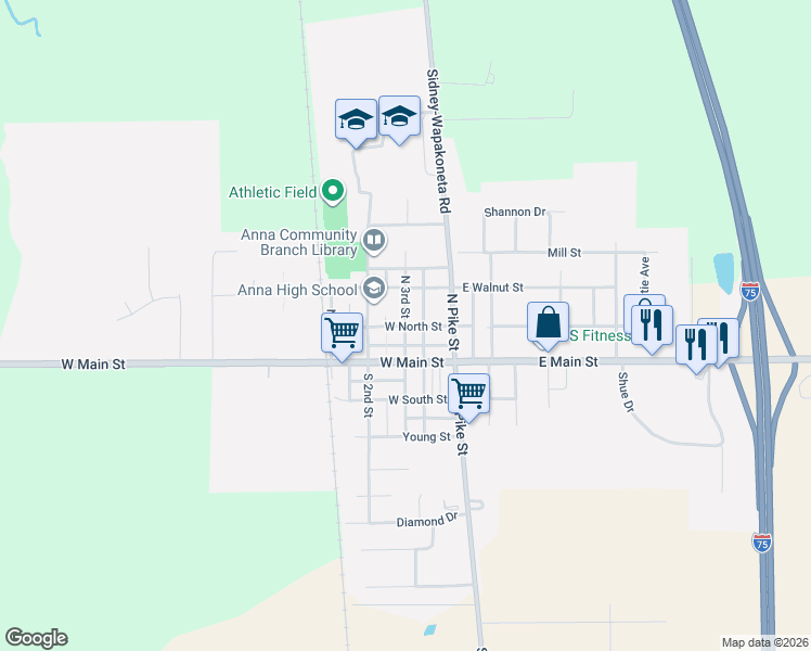 map of restaurants, bars, coffee shops, grocery stores, and more near 201 North 3rd Street in Anna