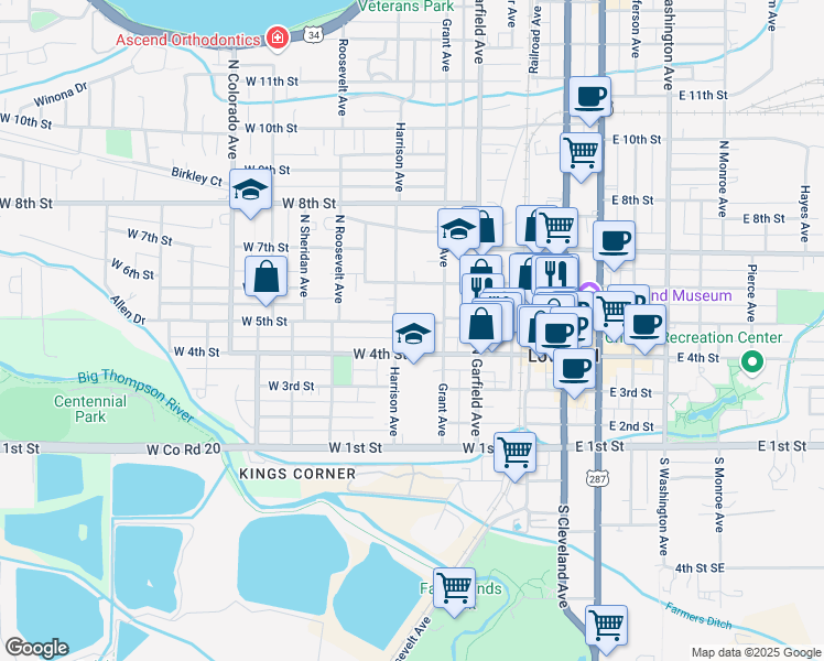 map of restaurants, bars, coffee shops, grocery stores, and more near 502 Harrison Avenue in Loveland