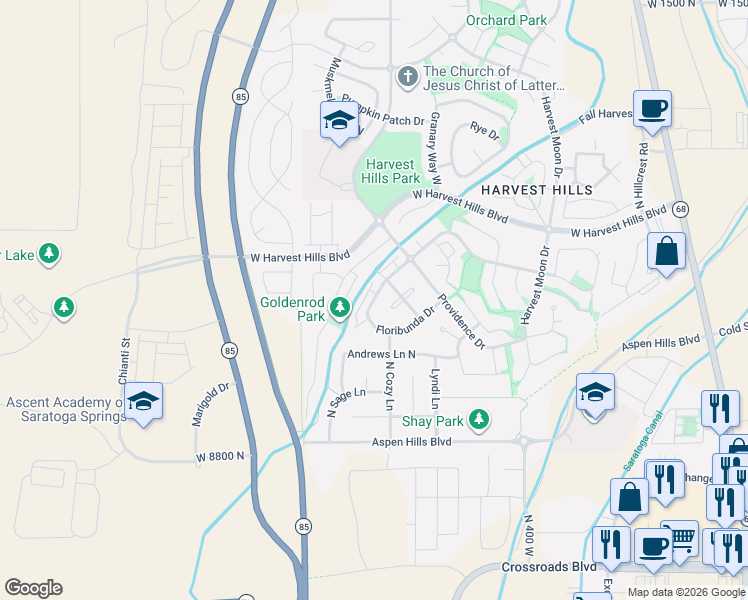 map of restaurants, bars, coffee shops, grocery stores, and more near 1887 Bountiful Way in Saratoga Springs