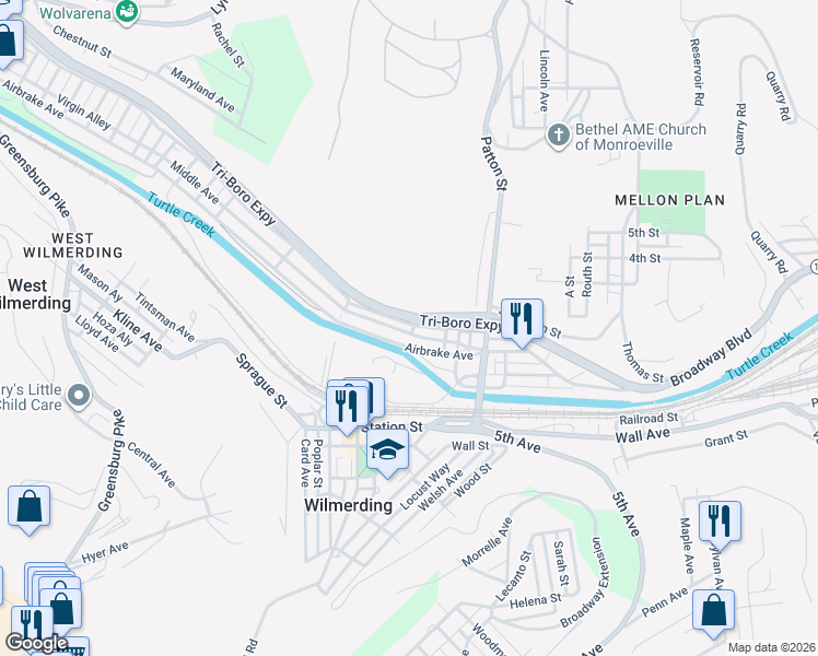 map of restaurants, bars, coffee shops, grocery stores, and more near 500 Middle Avenue in Wilmerding