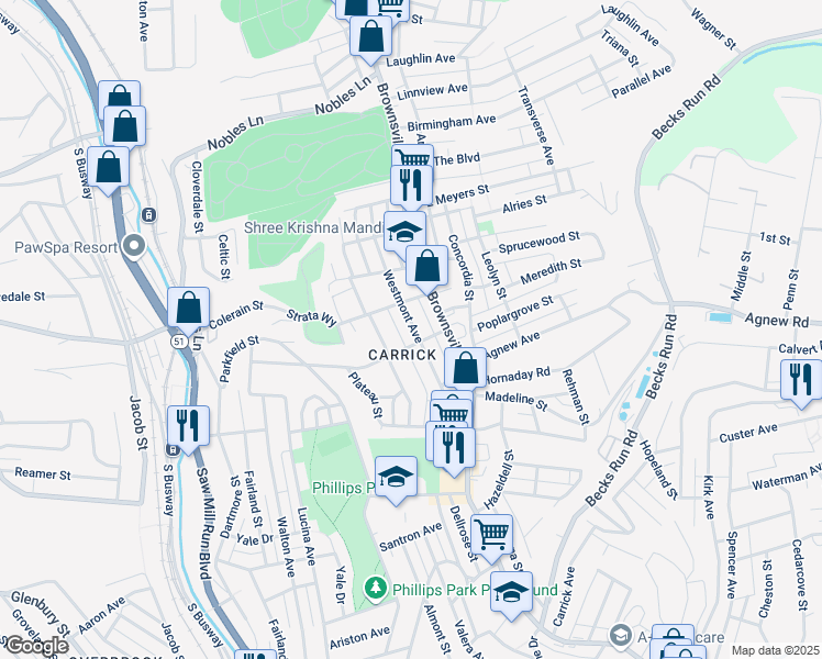 map of restaurants, bars, coffee shops, grocery stores, and more near 1812 Westmont Avenue in Pittsburgh