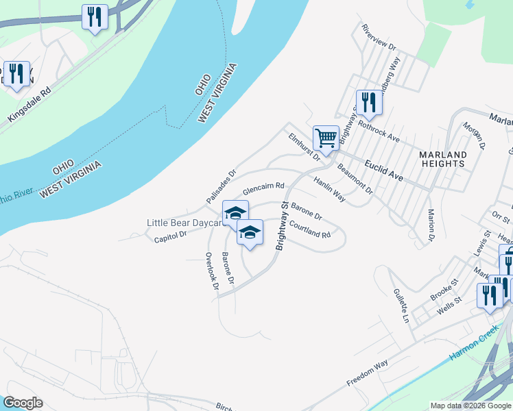 map of restaurants, bars, coffee shops, grocery stores, and more near Swearingen Road in Weirton