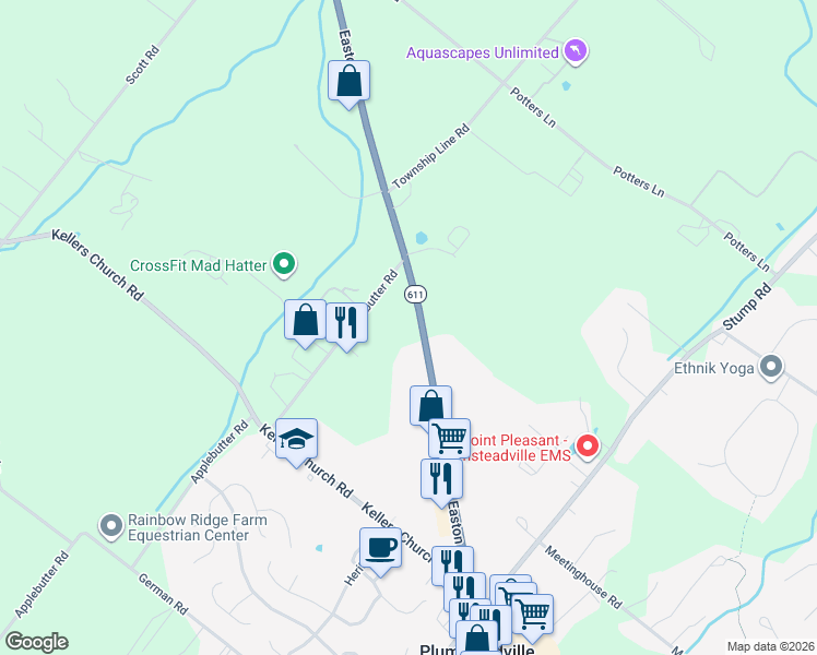 map of restaurants, bars, coffee shops, grocery stores, and more near 6001-6241 Easton Rd in Pipersville