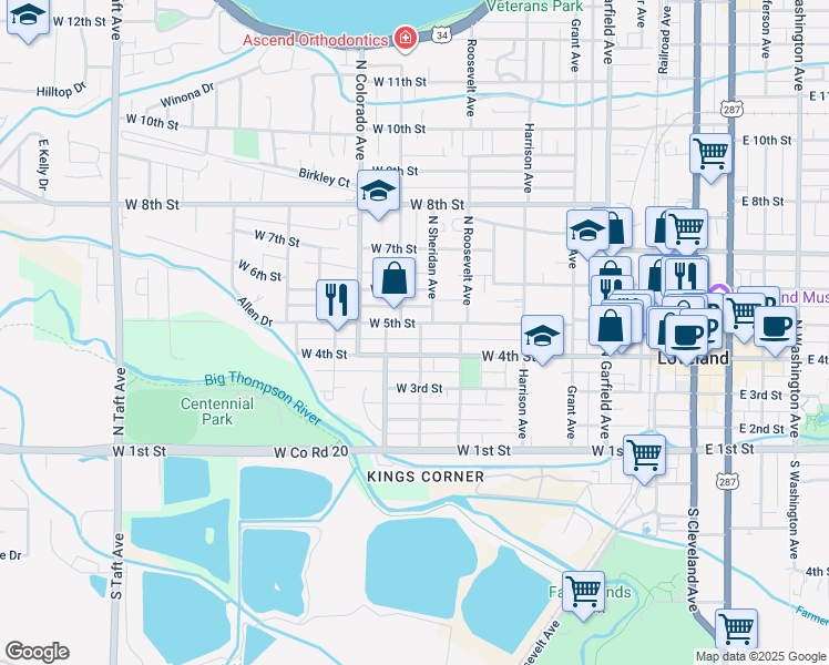 map of restaurants, bars, coffee shops, grocery stores, and more near 617 West 5th Street in Loveland