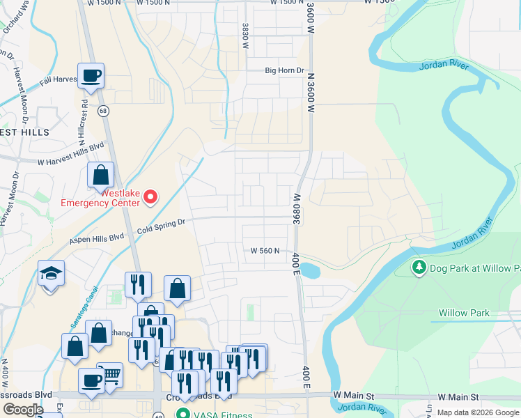 map of restaurants, bars, coffee shops, grocery stores, and more near 8895 400 East in Lehi