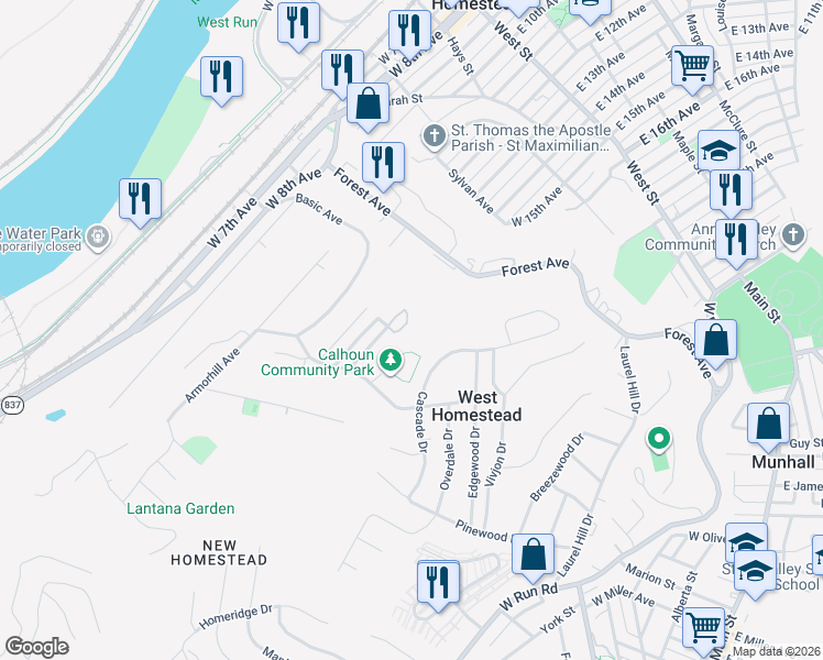 map of restaurants, bars, coffee shops, grocery stores, and more near 4337 Benezet Street in Homestead