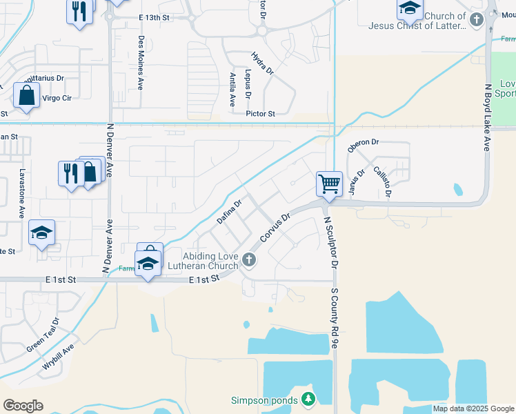 map of restaurants, bars, coffee shops, grocery stores, and more near 500 Saint John Place in Loveland