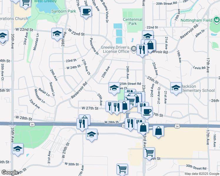 map of restaurants, bars, coffee shops, grocery stores, and more near 2600 24th Avenue Court in Greeley