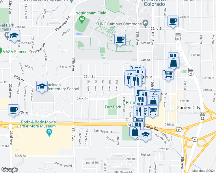 map of restaurants, bars, coffee shops, grocery stores, and more near 2523 14th Avenue in Greeley