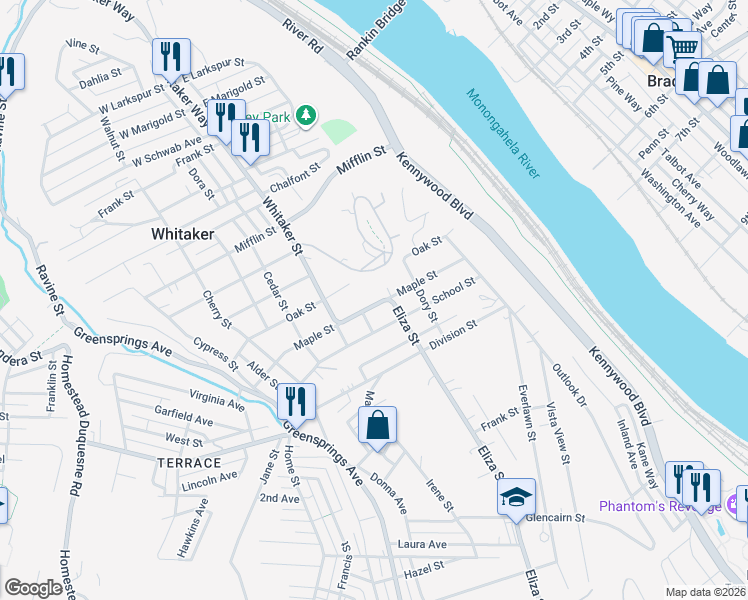 map of restaurants, bars, coffee shops, grocery stores, and more near 619 Maple Street in West Mifflin