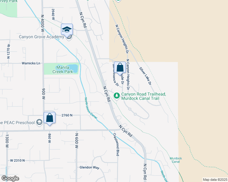 map of restaurants, bars, coffee shops, grocery stores, and more near 3592 West Canyon Heights in Pleasant Grove