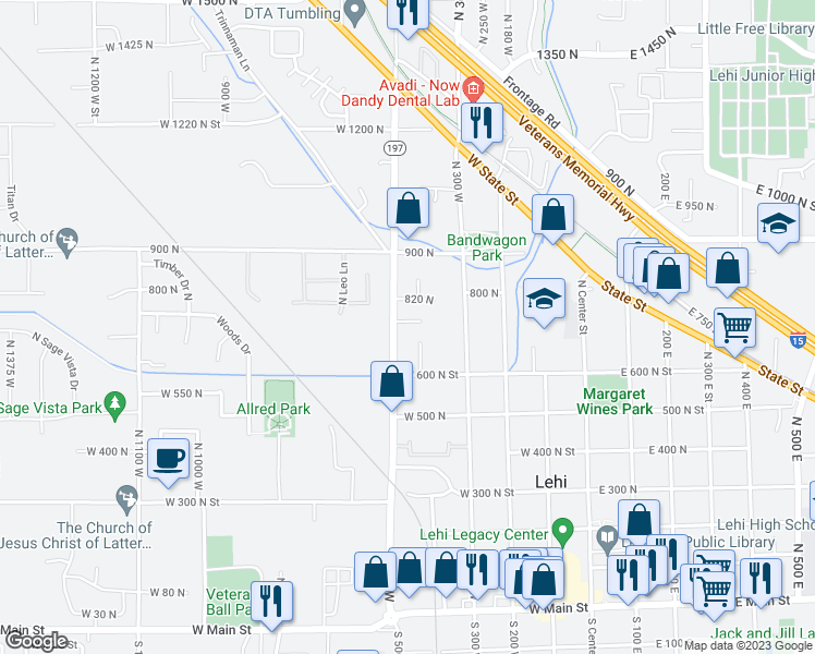 map of restaurants, bars, coffee shops, grocery stores, and more near 473 750 North in Lehi