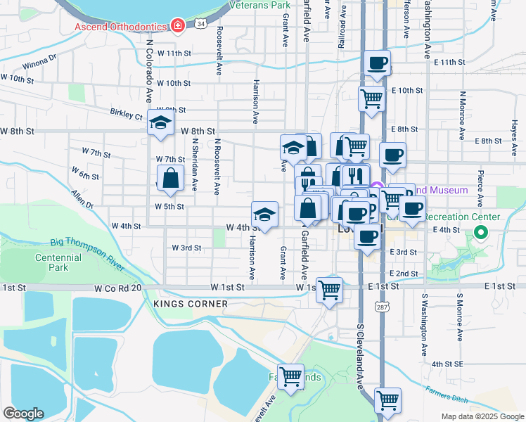 map of restaurants, bars, coffee shops, grocery stores, and more near 346 West 5th Street in Loveland