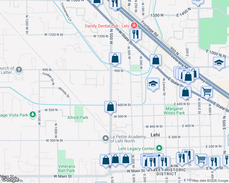 map of restaurants, bars, coffee shops, grocery stores, and more near 476 750 North in Lehi