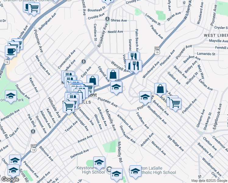 map of restaurants, bars, coffee shops, grocery stores, and more near 2734 Amman Street in Pittsburgh