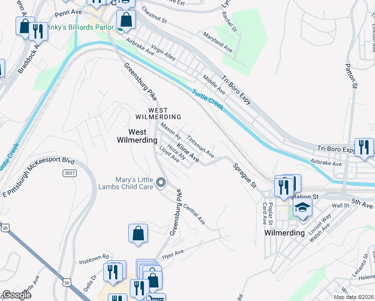 map of restaurants, bars, coffee shops, grocery stores, and more near 117 Kline Avenue in North Versailles