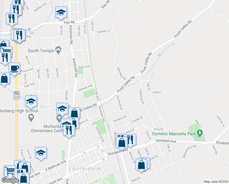 map of restaurants, bars, coffee shops, grocery stores, and more near 1513 Frush Valley Road in Laureldale