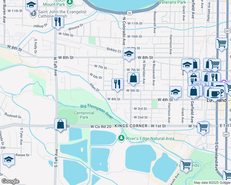 map of restaurants, bars, coffee shops, grocery stores, and more near 904 West 5th Street in Loveland