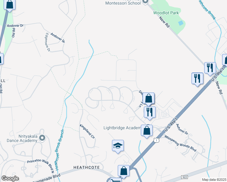 map of restaurants, bars, coffee shops, grocery stores, and more near 24 Sweetgum Lane in South Brunswick Township