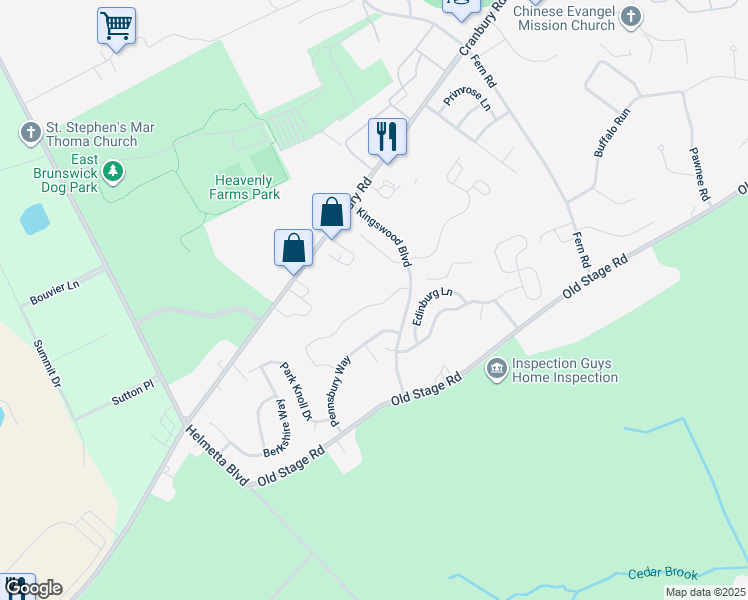 map of restaurants, bars, coffee shops, grocery stores, and more near 605 Cypress Lane in East Brunswick