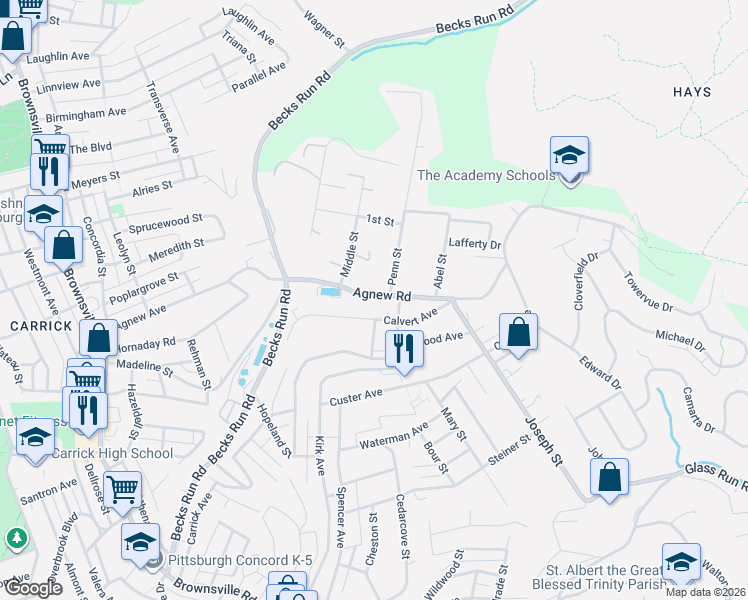 map of restaurants, bars, coffee shops, grocery stores, and more near 518 Agnew Road in Pittsburgh