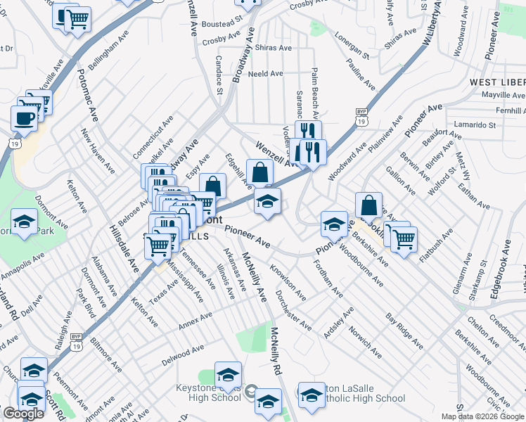 map of restaurants, bars, coffee shops, grocery stores, and more near 2734 Amman Street in Pittsburgh