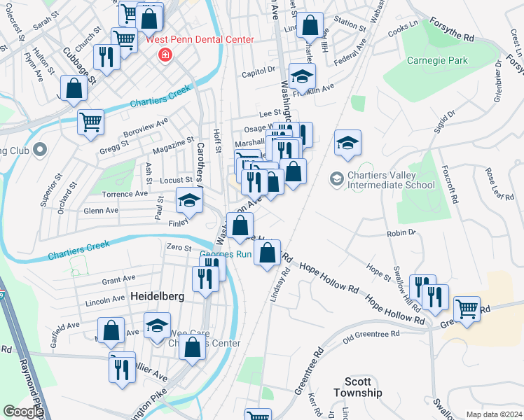 map of restaurants, bars, coffee shops, grocery stores, and more near in Scott Township