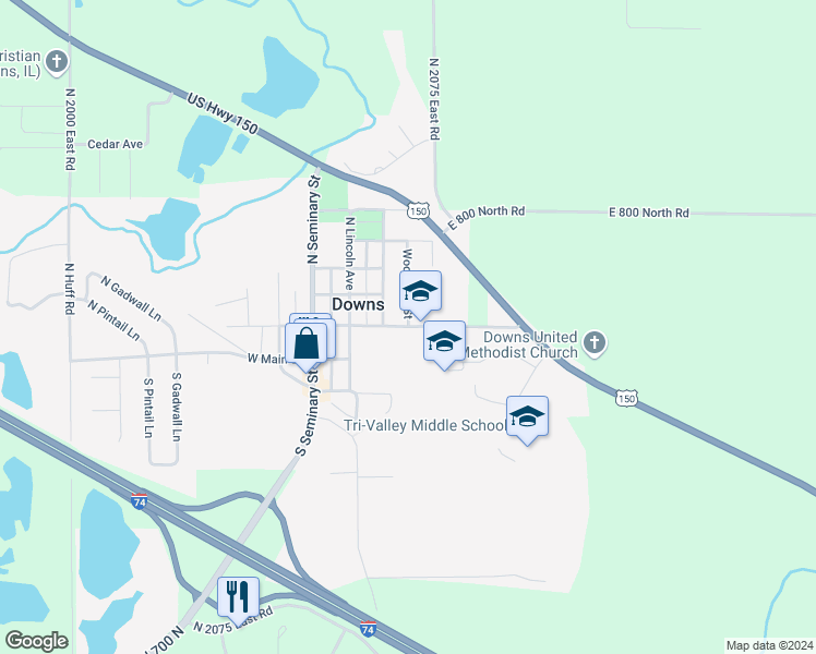 map of restaurants, bars, coffee shops, grocery stores, and more near 409 East Washington Street in Downs