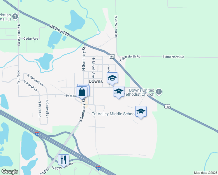 map of restaurants, bars, coffee shops, grocery stores, and more near 409 East Washington Street in Downs