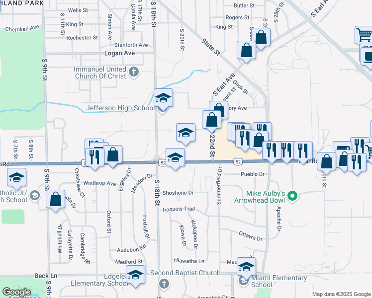 map of restaurants, bars, coffee shops, grocery stores, and more near 2101 South 18th Street in Lafayette
