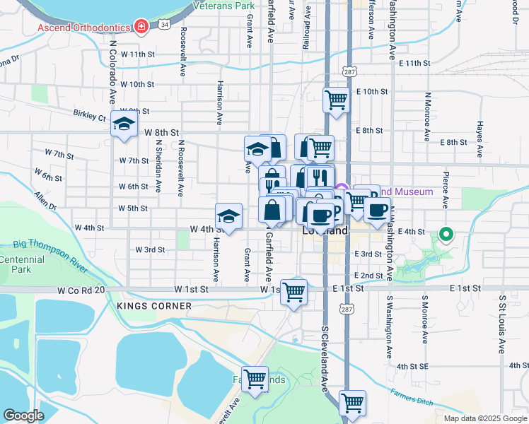 map of restaurants, bars, coffee shops, grocery stores, and more near 437 North Garfield Avenue in Loveland