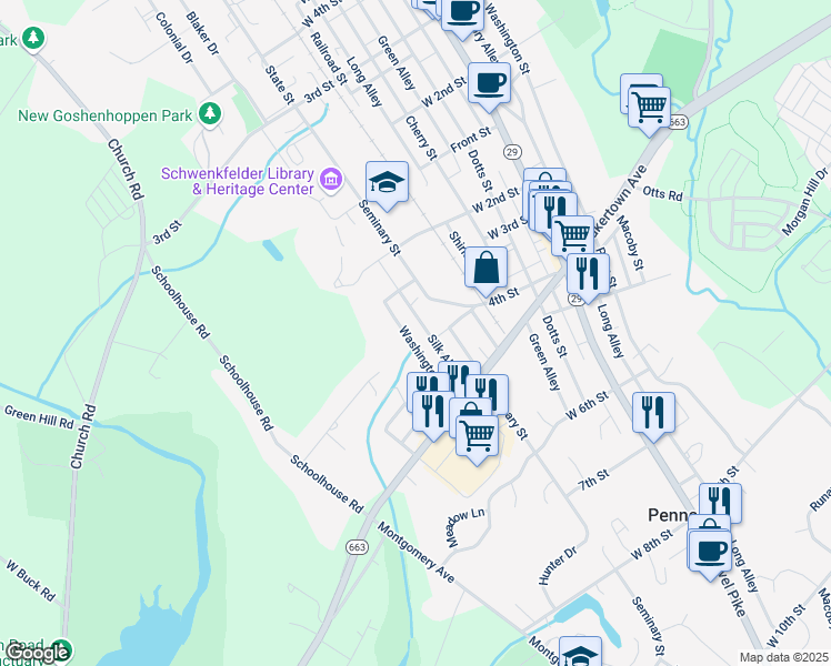 map of restaurants, bars, coffee shops, grocery stores, and more near 342 Washington Street in Pennsburg
