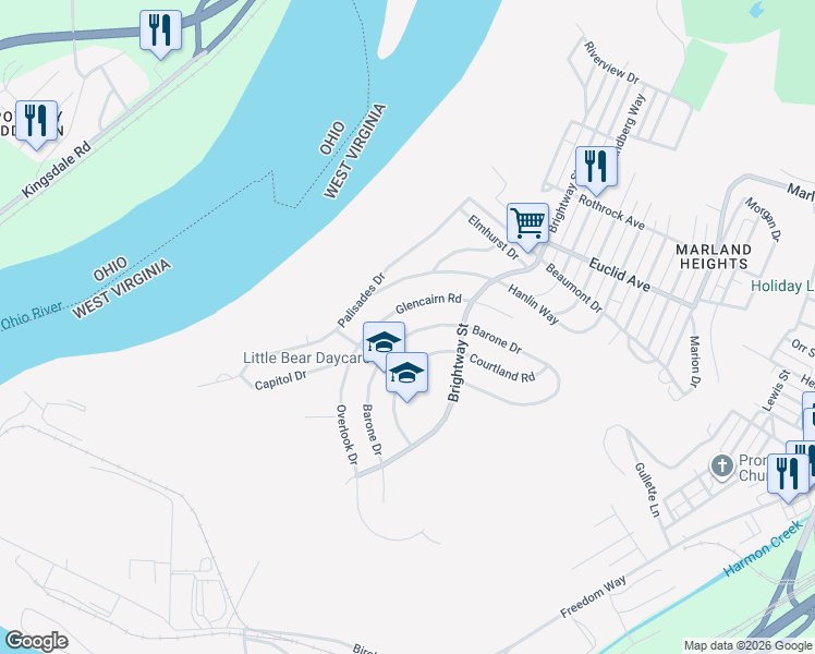 map of restaurants, bars, coffee shops, grocery stores, and more near 1219 Swearingen Road in Weirton